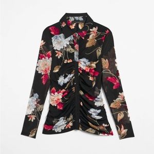 NWT White House Black Market Mesh Ruched Floral Long Sleeve Shirt - Size Large